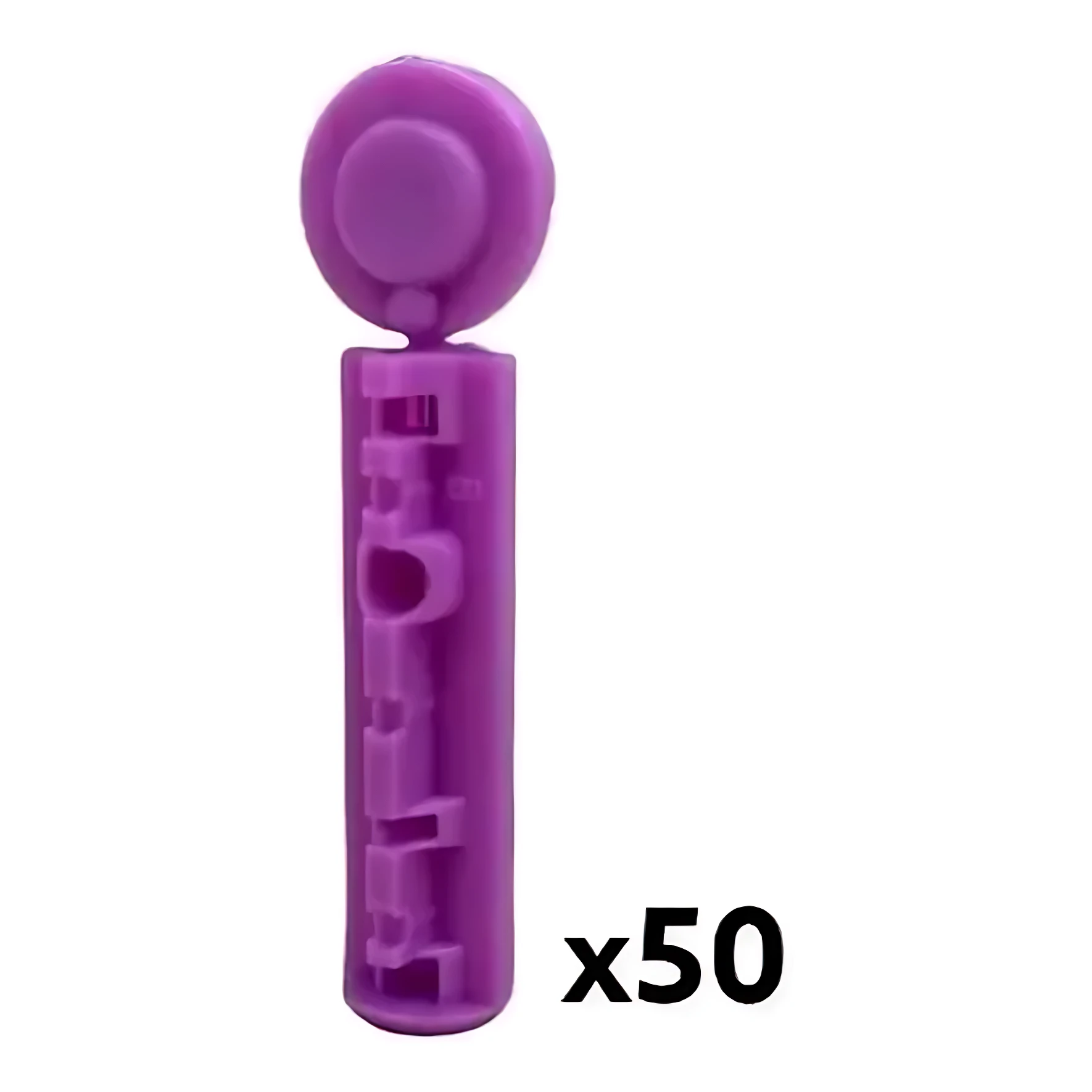 Lanceta Sterilance color morado con tapa protectora, vista frontal. Incluye texto x50 en esquina inferior derecha.