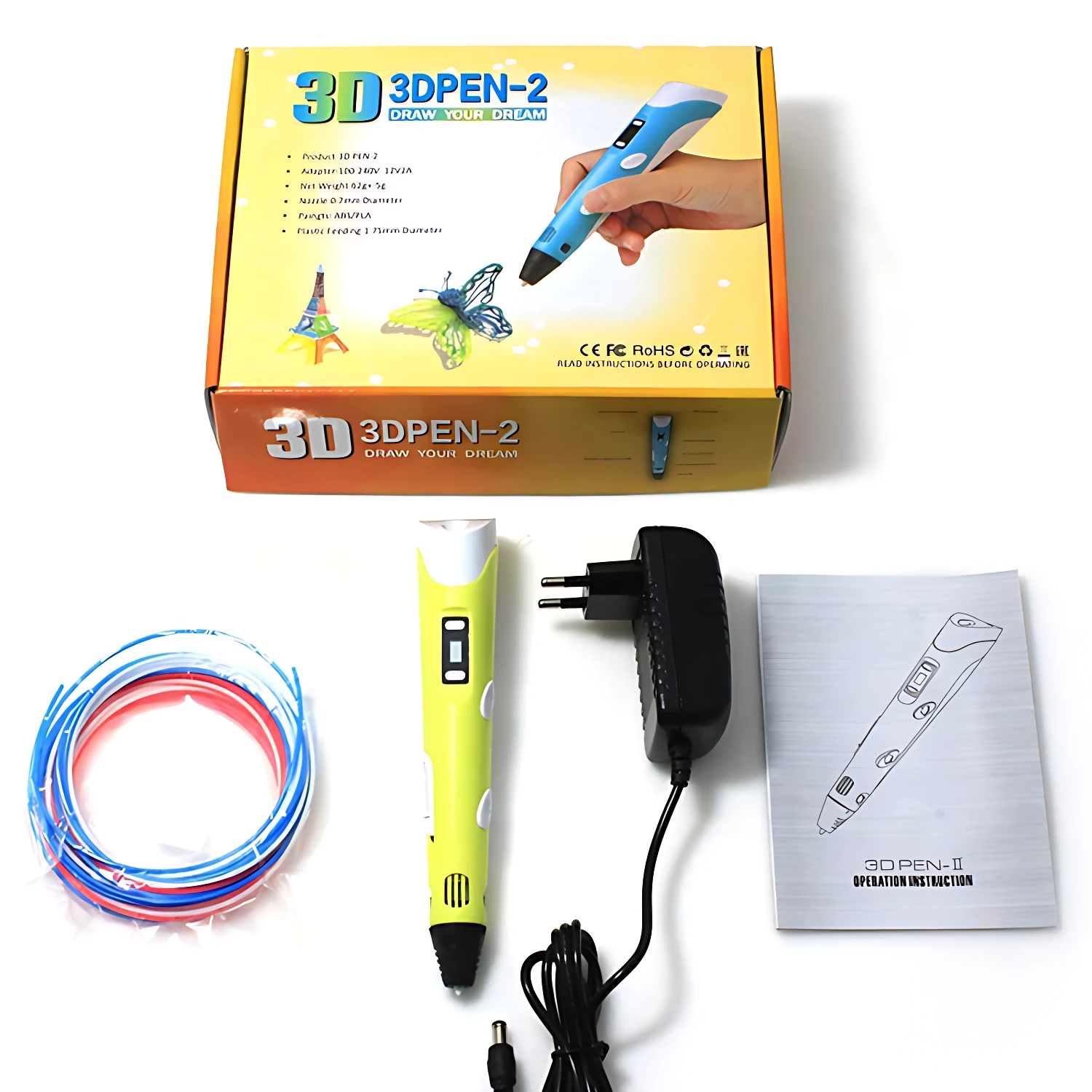 Lápiz de impresión 3D portátil en amarillo con cable negro, alimentador de energía y bobinas de filamento rojo y azul. Incluye caja amarilla con ilustraciones de figuras tridimensionales y manual de instrucciones.