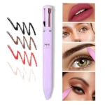 Lápiz multifunción Katelia Beauty en tono lavanda, con cuatro colores visibles: negro, marrón, rojo y nude. Muestra trazos de prueba, aplicación en labios, cejas y delineado de ojos.