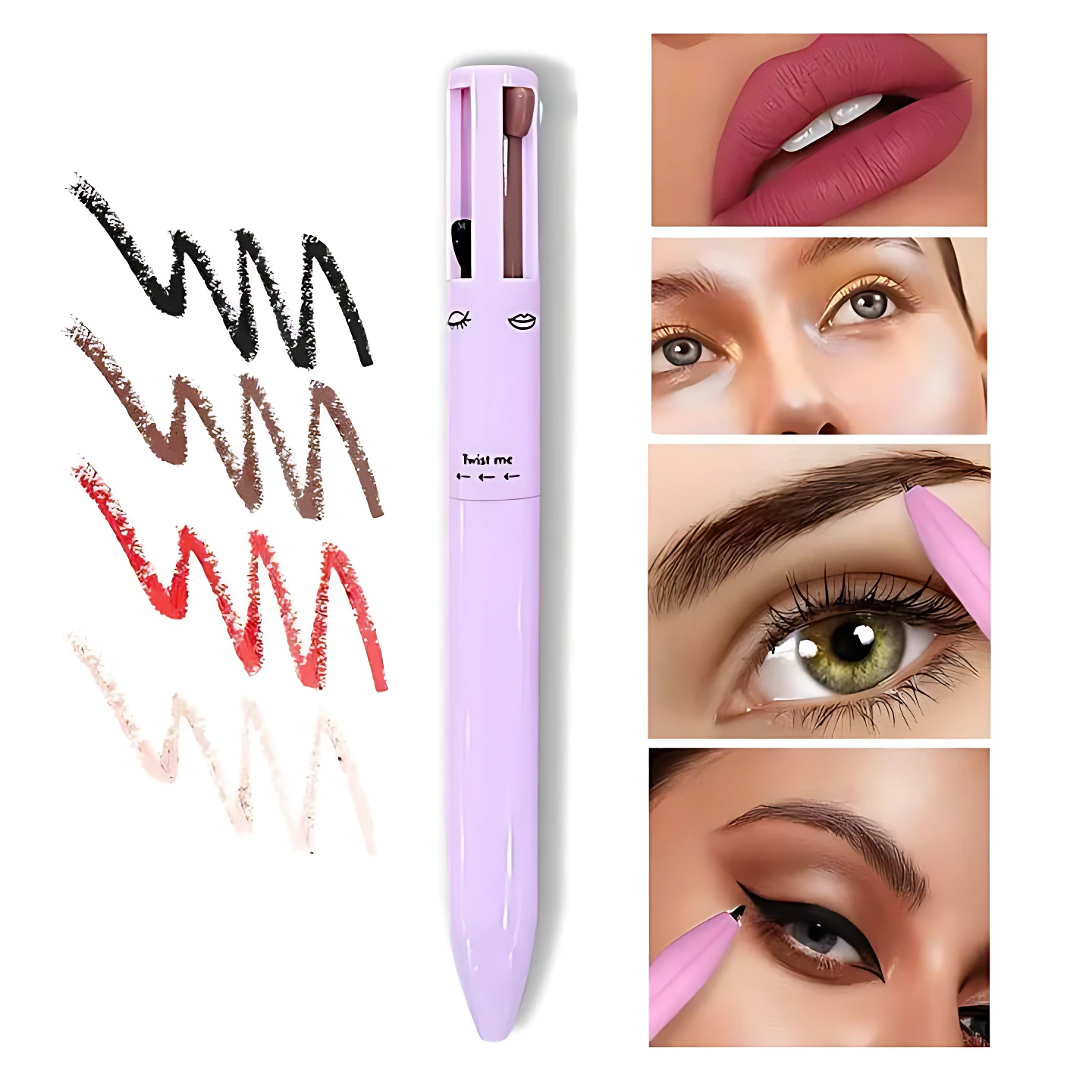 Lápiz multifunción Katelia Beauty en tono lavanda, con cuatro colores visibles: negro, marrón, rojo y nude. Muestra trazos de prueba, aplicación en labios, cejas y delineado de ojos.