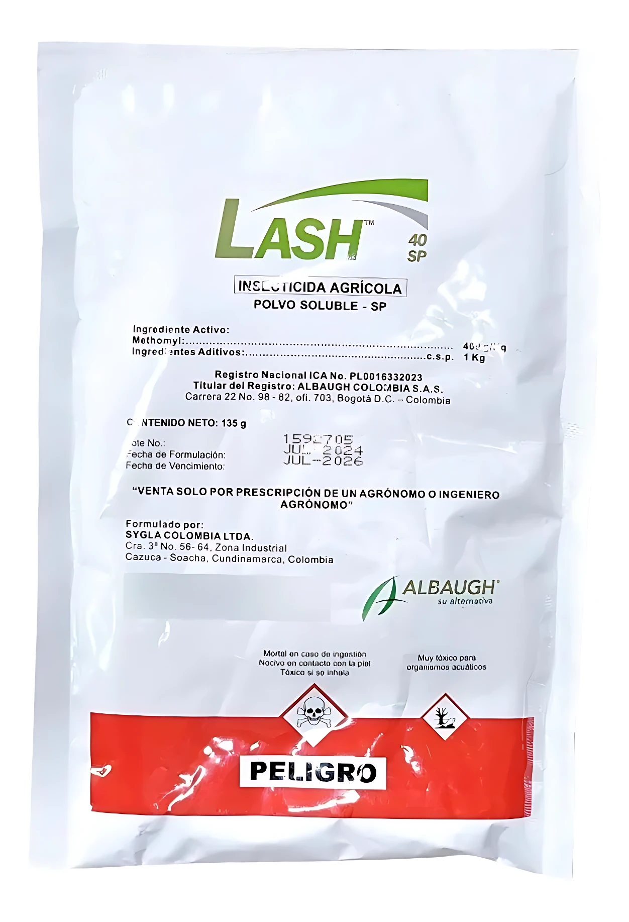 Saco blanco de 150 g de Lash 40 SP, insecticida en polvo soluble con metomil, etiqueta con advertencia roja y logotipo de Albaugh.