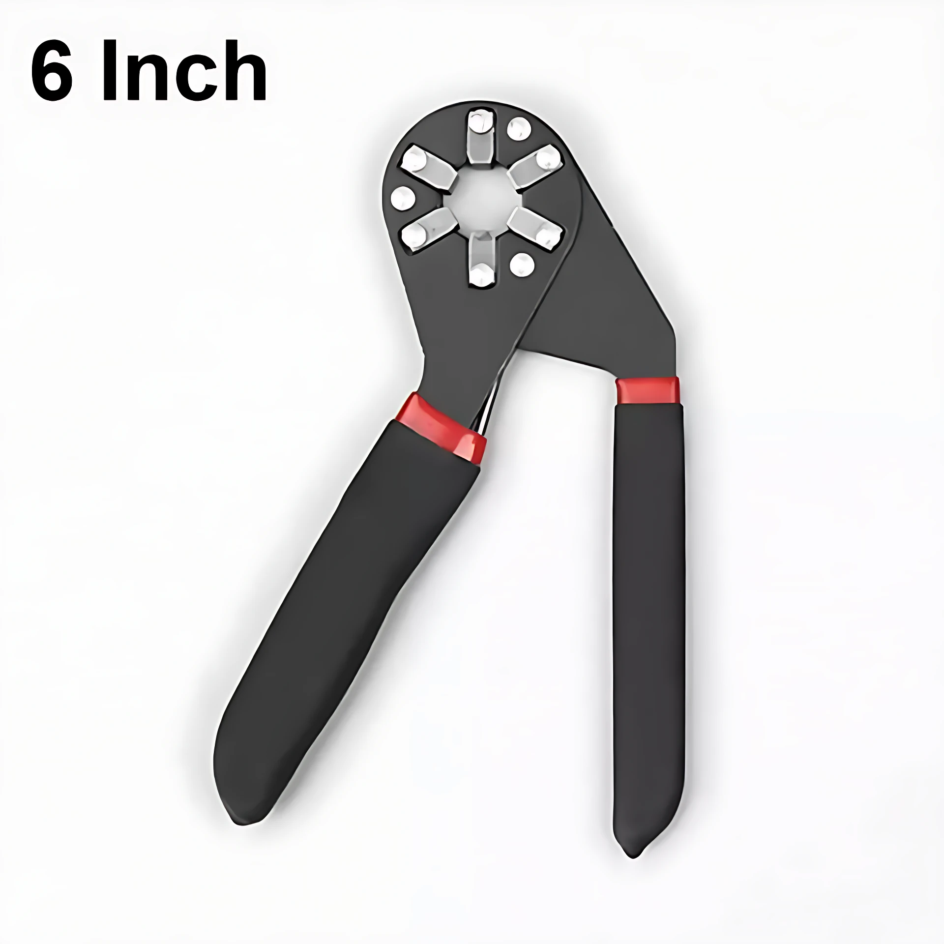 Llave universal de 6 pulgadas con mango negro y detalles rojos, diseñada para ajustar tornillos hexagonales en espacios reducidos.