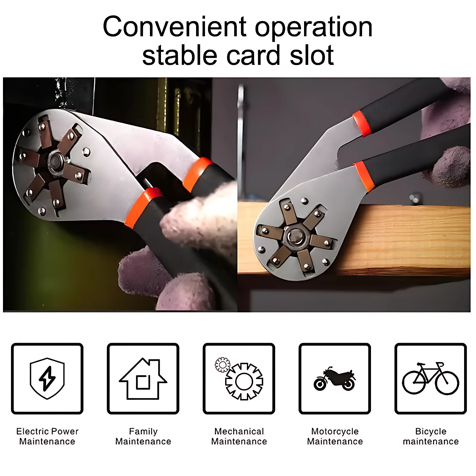 Llave universal 8 hexagonal ajustable en uso, con mango negro y naranja, aplicando fuerza sobre tornillos en madera y metal.
