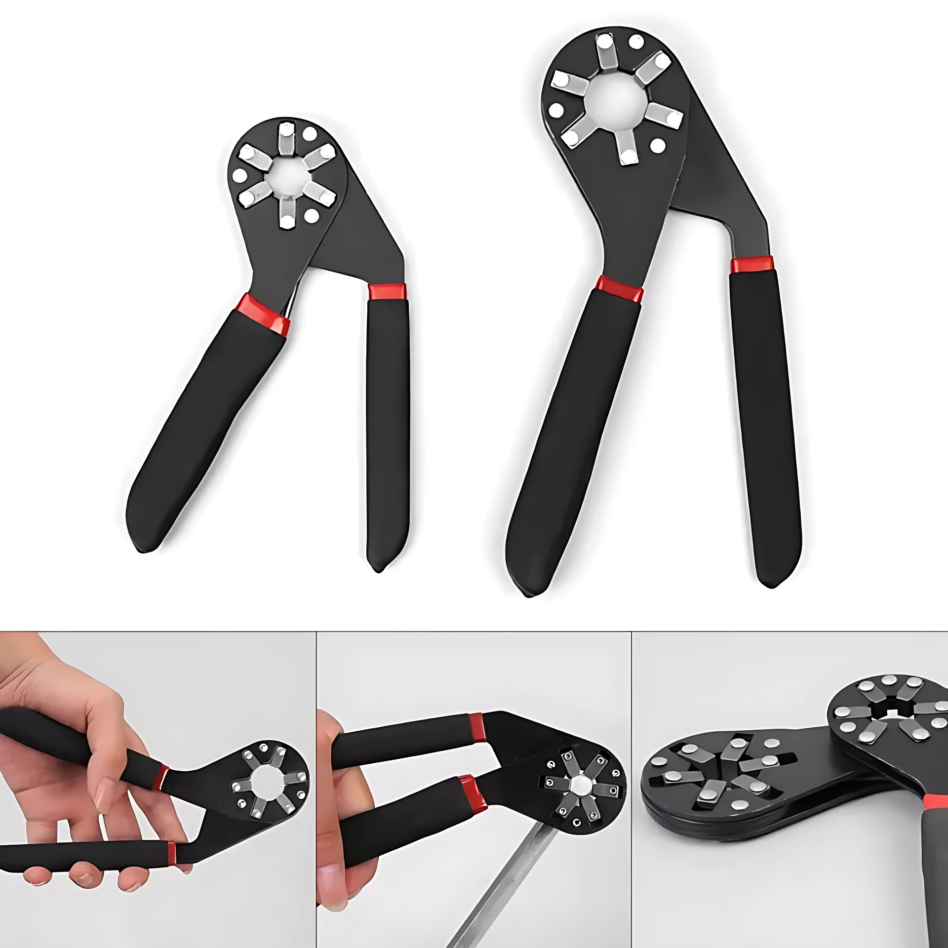 Llave universal 8 hexagonal ajustable en negro con detalles rojos, mostrada en vista frontal y lateral, con mango ergonómico y cabeza giratoria para tornillos en espacios reducidos.