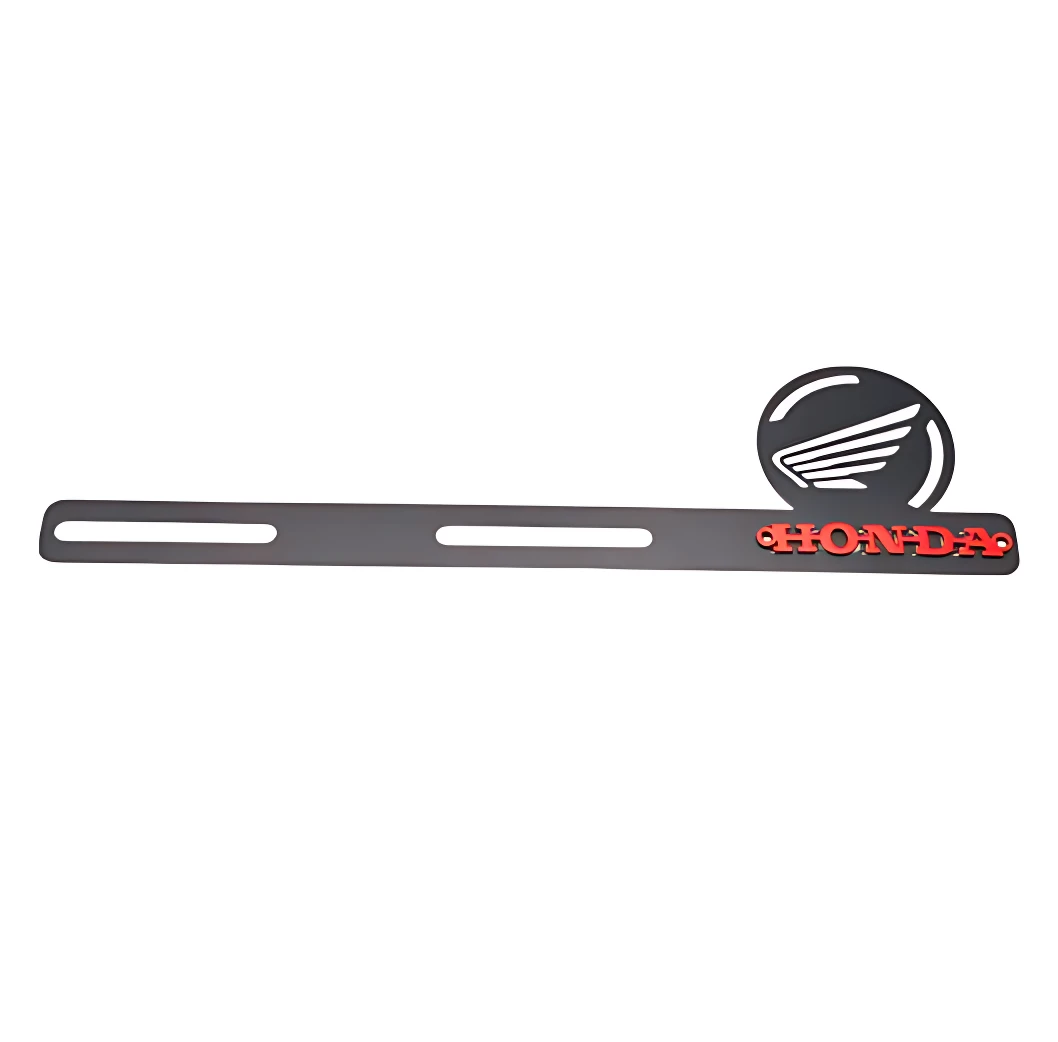 Porta placa de acero inoxidable para Honda XR, con logotipo circular y texto rojo en extremo derecho.