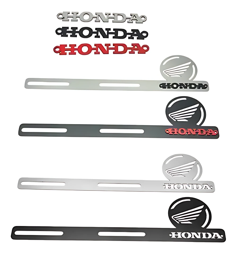Set de dos porta placas para resonador Honda XR en acero inoxidable, con logotipo y placa de identificación en colores plateado, negro y rojo.