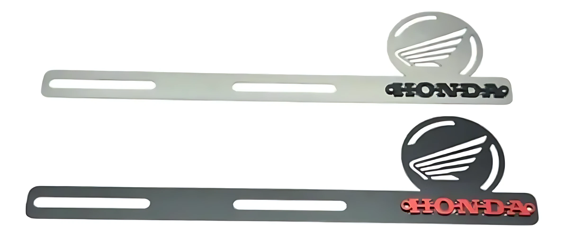 Set de dos porta placas de resonador Honda XR en acero inoxidable, con logotipo y nombre de la marca en relieve; incluye variante plateada y negra.