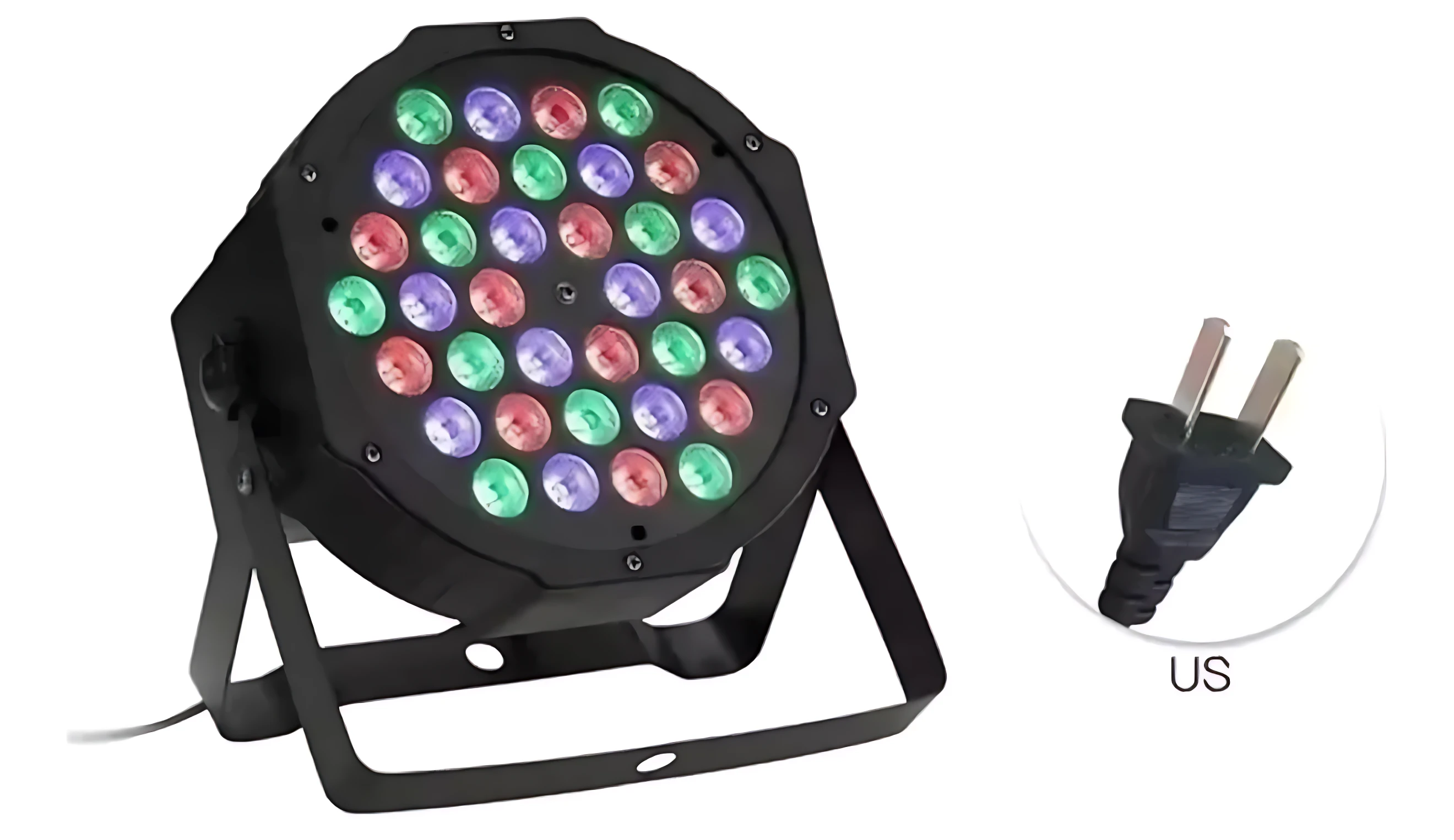 Foco LED PAR con 36 luces RGB multicolor, base de soporte y enchufe tipo US incluido.