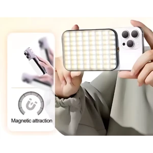 Luz portátil W80 RGB magnética para celular, con panel de LEDs encendidos y sistema de sujeción magnética visible en la parte trasera del dispositivo.