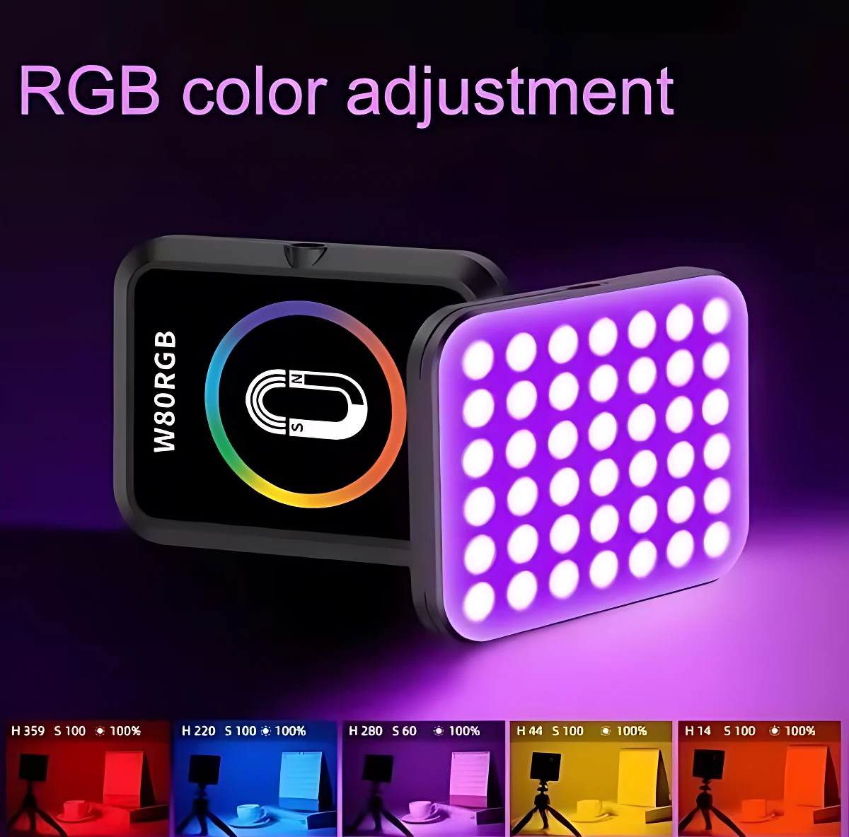 Luz portátil W80 RGB magnética para celular, con panel de LEDs púrpura y pantalla de ajuste de color circular. Incluye base negra y muestra variaciones de luz en escenarios de video.