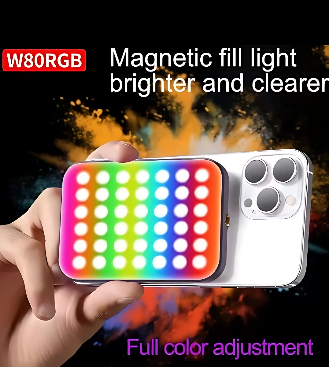 Luz portátil W80 RGB magnética para celular, con panel de LEDs multicolores y diseño rectangular, montada sobre teléfono blanco.