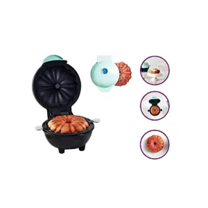 Máquina eléctrica para tortas individuales con forma de anillo, color negro, abierta mostrando bizcocho horneado. Incluye tapa verde y detalles de uso en círculos.