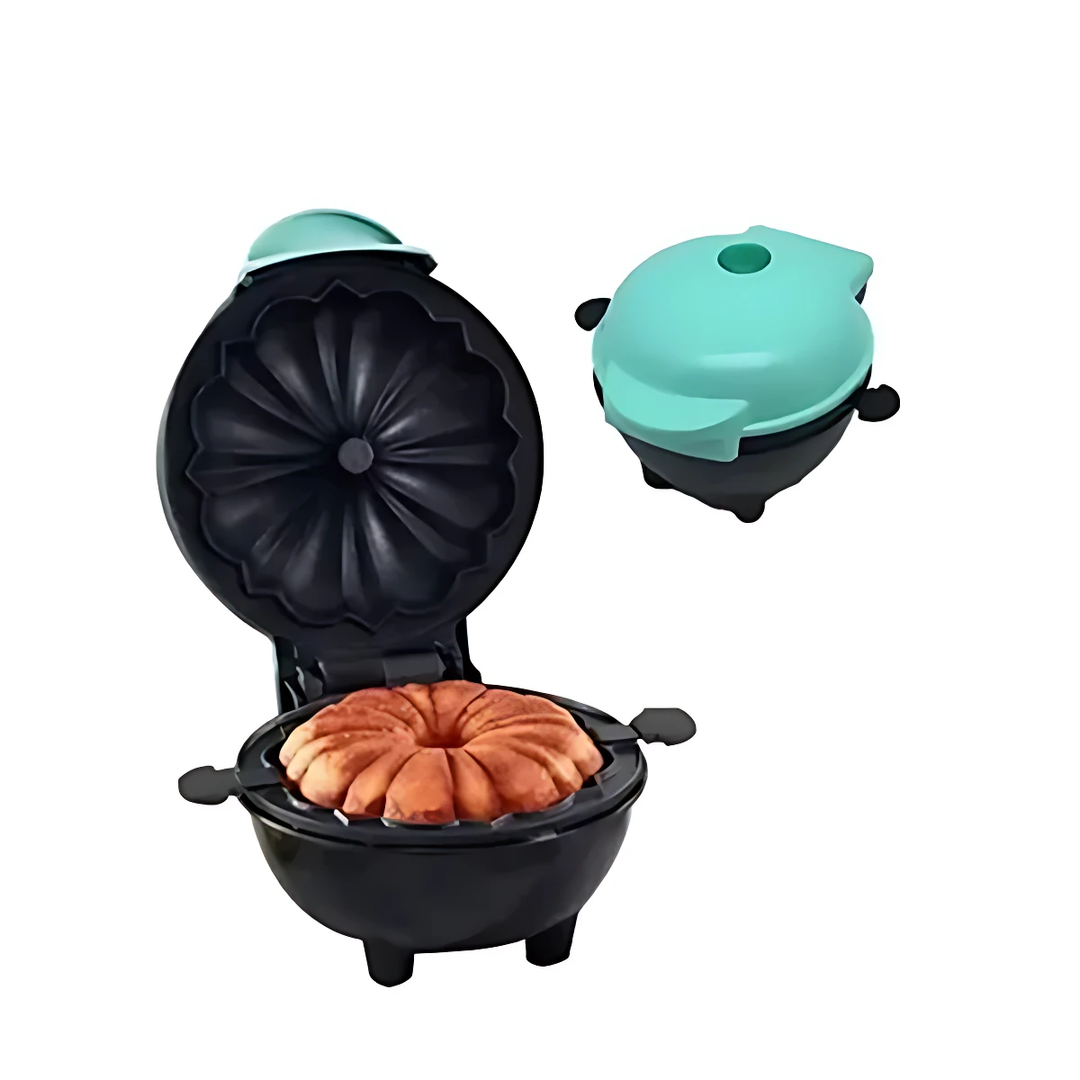 Máquina para tortas individuales con forma de anillo, color negro y turquesa, mostrando la base abierta con bizcocho horneado y tapa cerrada al lado.