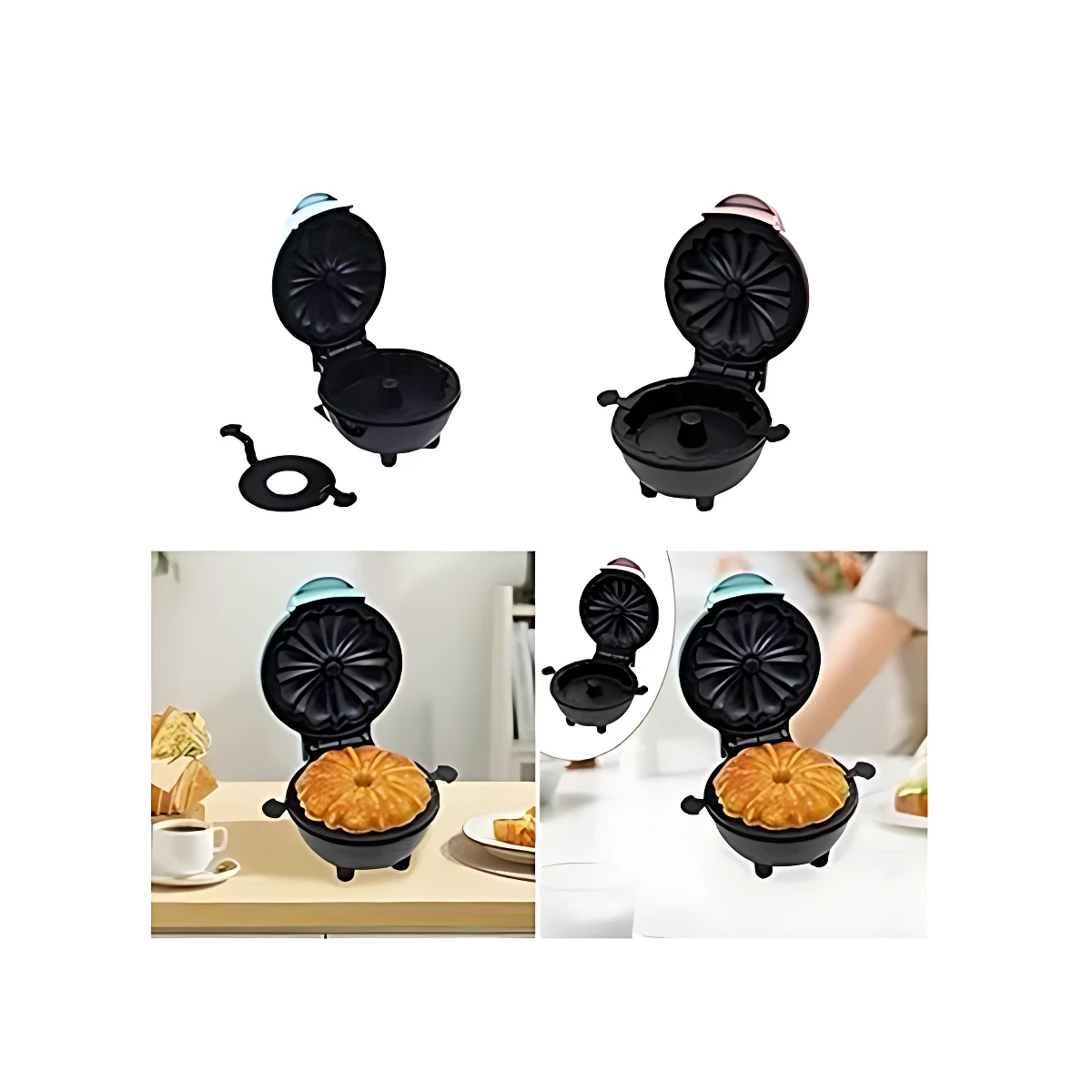 Máquina eléctrica negra para hornear tortas individuales con forma de anillo, mostrando vista frontal, lateral y en uso sobre mesa con café y bizcocho dorado.