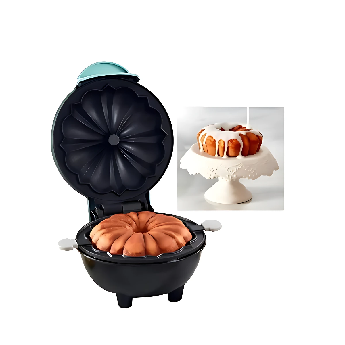 Máquina eléctrica negra con tapa azul, abierta mostrando molde floral y torta horneada en forma de anillo; incluye inserto de torta terminada con glaseado.