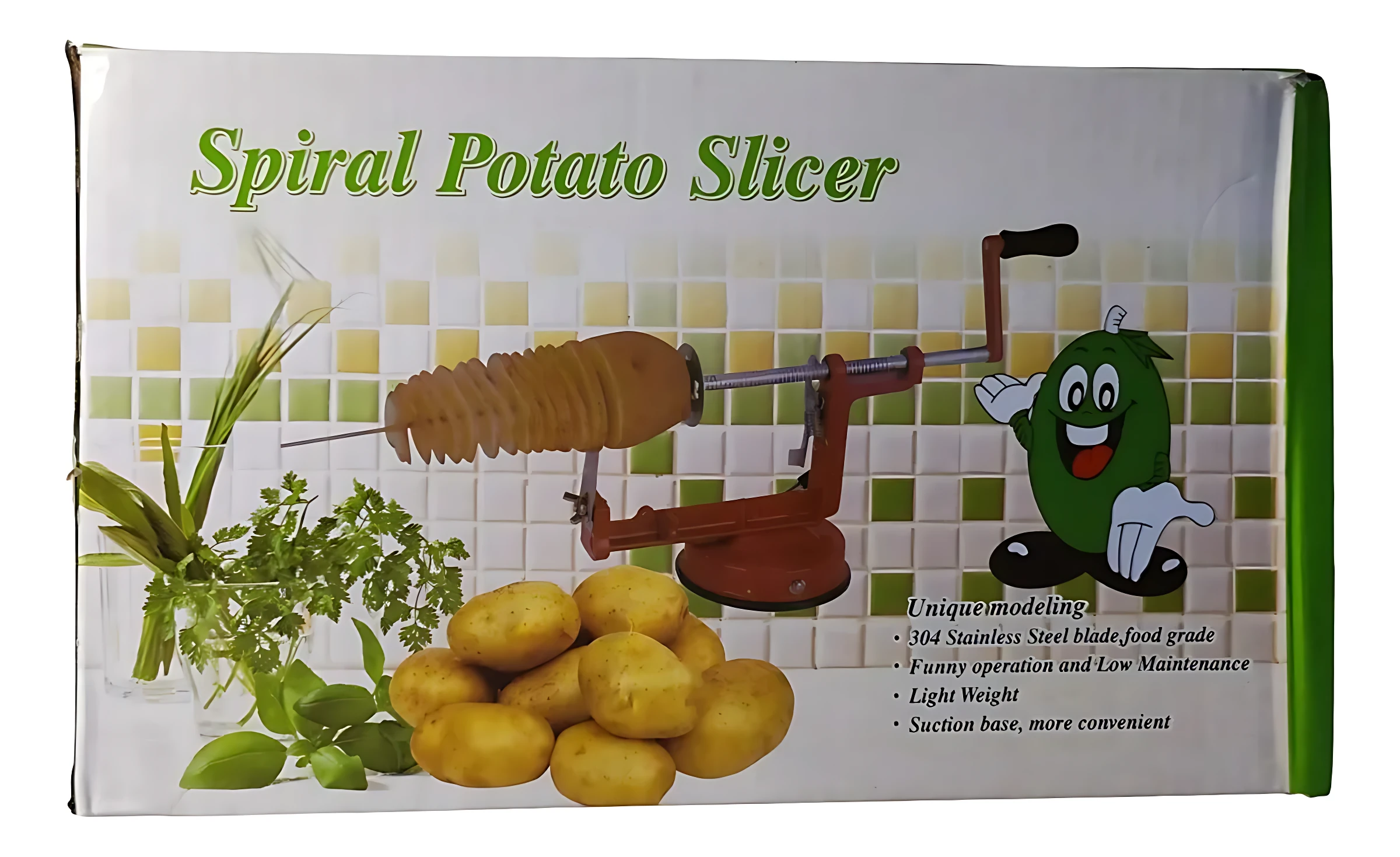 Caja de máquina manual para espiralizar papas, con de patatas, hierbas y personaje verde. Incluye base de succión y mango ergonómico.