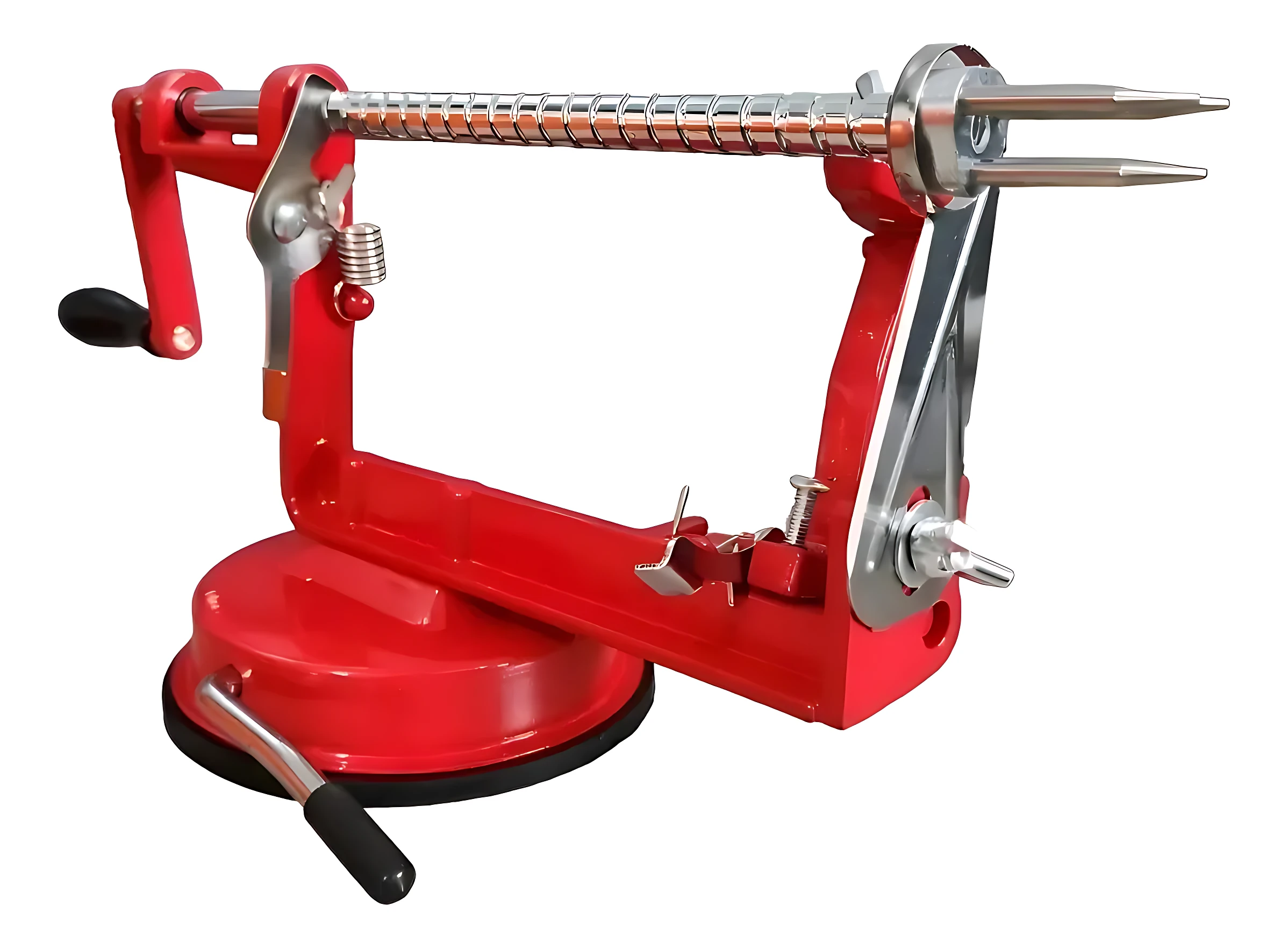 Máquina manual roja para pelar y cortar frutas y verduras, con base magnética y mango ergonómico.