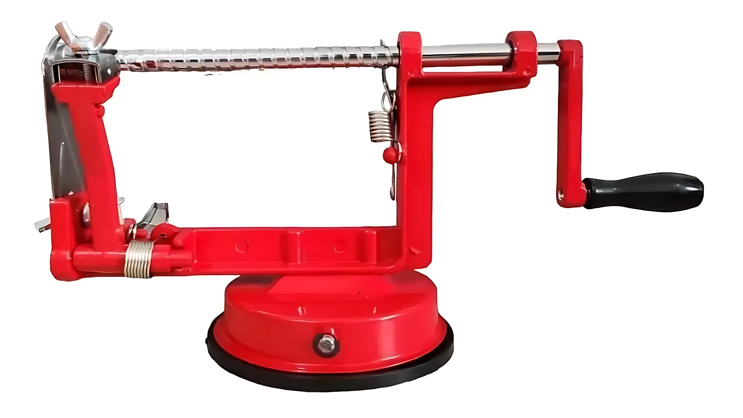 Máquina manual roja para pelar y cortar frutas y verduras, con base de succión y mango ergonómico.