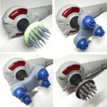Masajeador corporal vibratorio gris con cabezales intercambiables: bola de masaje, rodillo de silicona, pinzas metálicas y accesorio de silicona azul.