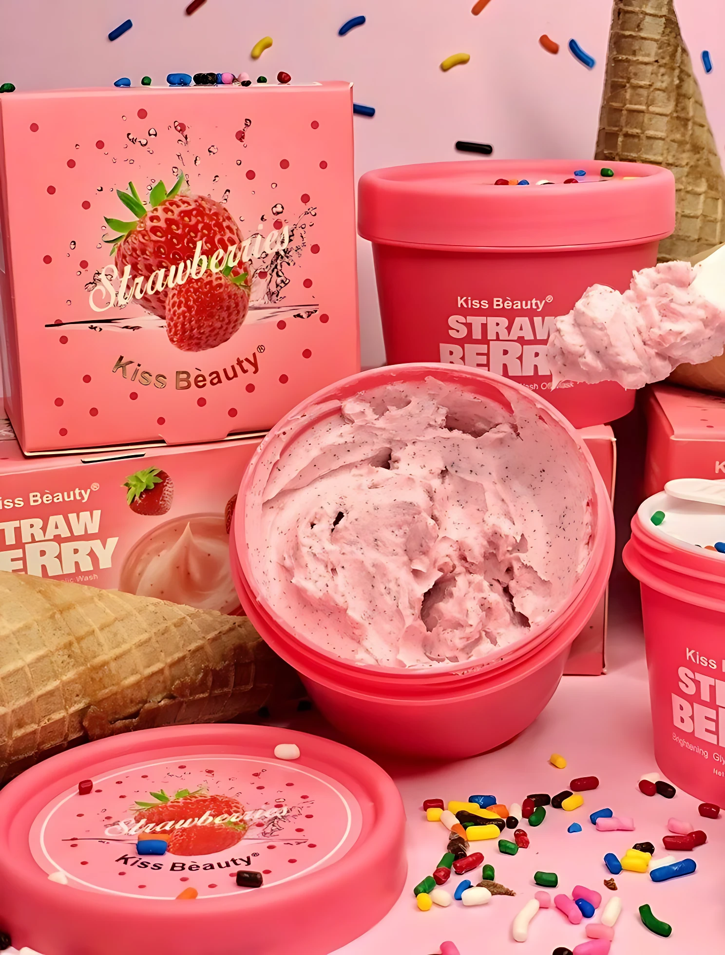 Set x2 Mascarilla Helado Fresa con Ácido Glicólico - Uniformiza el tono de la piel y limpia los poros