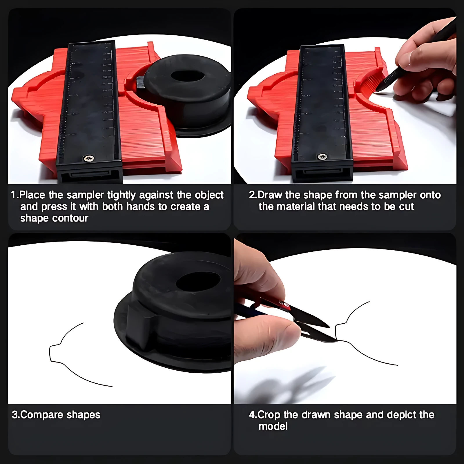 Guía de contorno rojo con regla negra y base circular, mostrando uso paso a paso para trazar y recortar perfiles complejos con precisión.