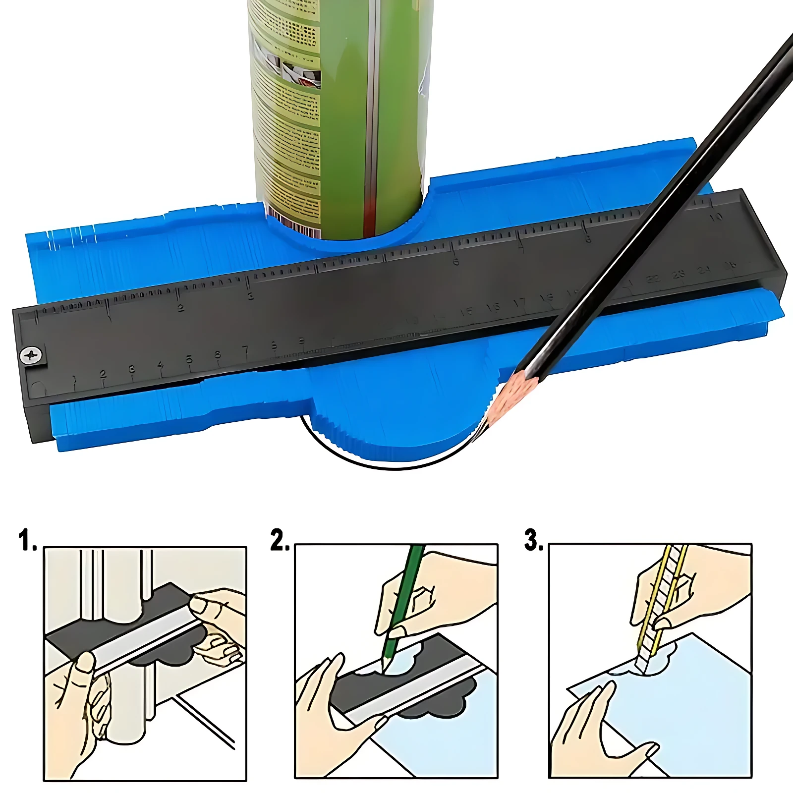 Medidor duplicador de contorno azul con regla negra, lápiz y tubo verde; incluye diagramas de uso para trazar perfiles curvos con precisión.