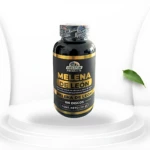 Botella negra de Melena de León 50g, con etiqueta dorada y texto blanco, mostrando 100 discos. Presentación de hongo medicinal para concentración y claridad mental.