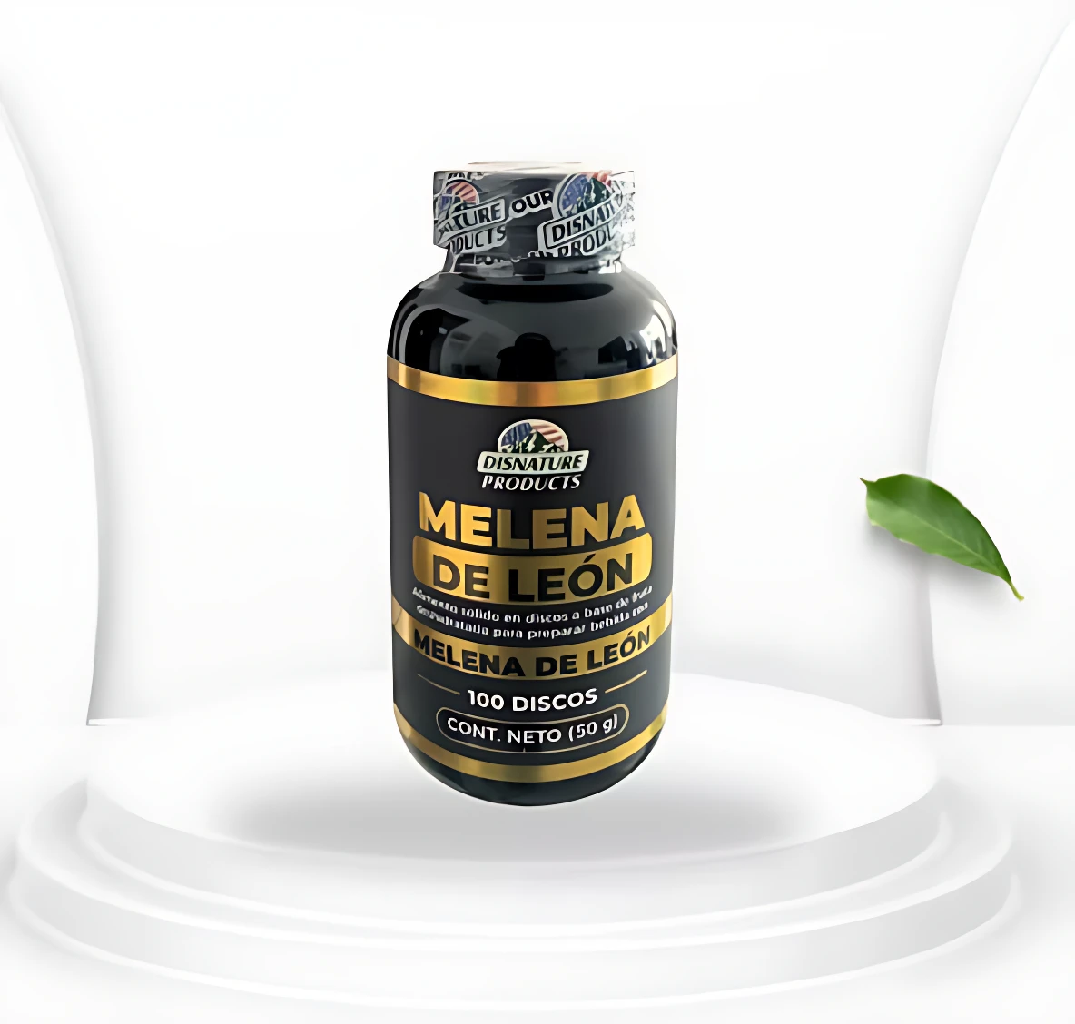 Botella negra de Melena de León 50g, con etiqueta dorada y texto blanco, mostrando 100 discos. Presentación de hongo medicinal para concentración y claridad mental.