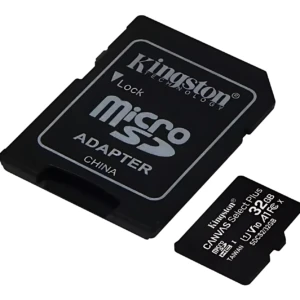 Tarjeta de memoria Kingston microSDHC 32GB Clase 10 con adaptador SD negro, vista superior sobre fondo blanco.