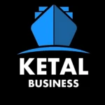 Logotipo de Ketal Business con diseño geométrico en azul sobre fondo negro, representando estructura de contenedor marítimo.