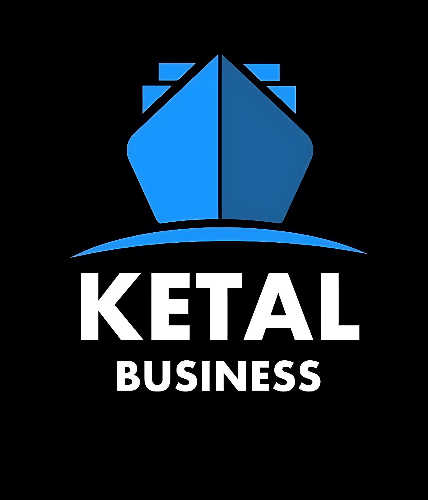 Logotipo de Ketal Business con diseño geométrico en azul sobre fondo negro, representando estructura de contenedor marítimo.