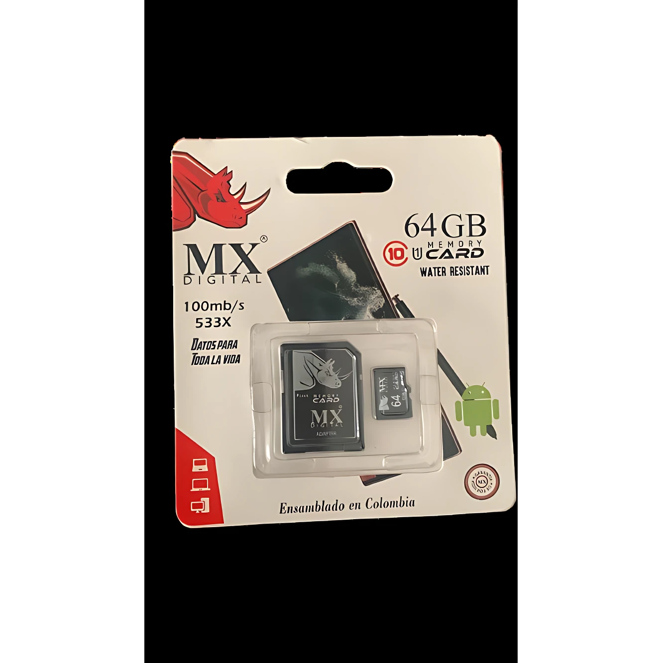 Paquete de tarjeta de memoria MX Digital de 64 GB, color negro, con adaptador SD incluido, resistente al agua y compatible con Android.
