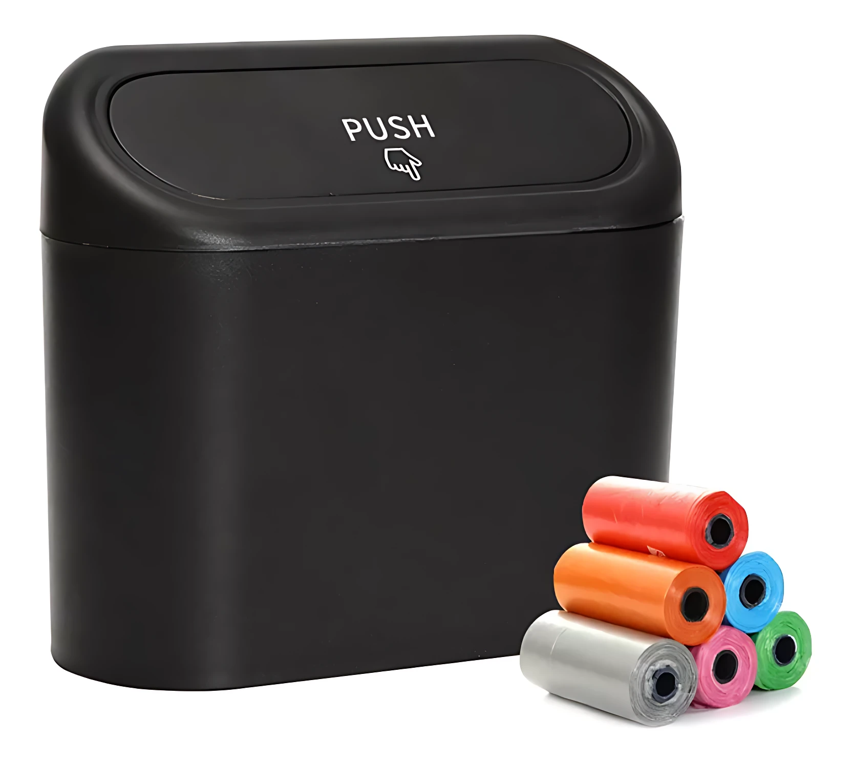 Basurero negro con tapa abatible y botón PUSH, acompañado de cinco rollos de bolsas de colores: rojo, naranja, azul, rosa y verde.