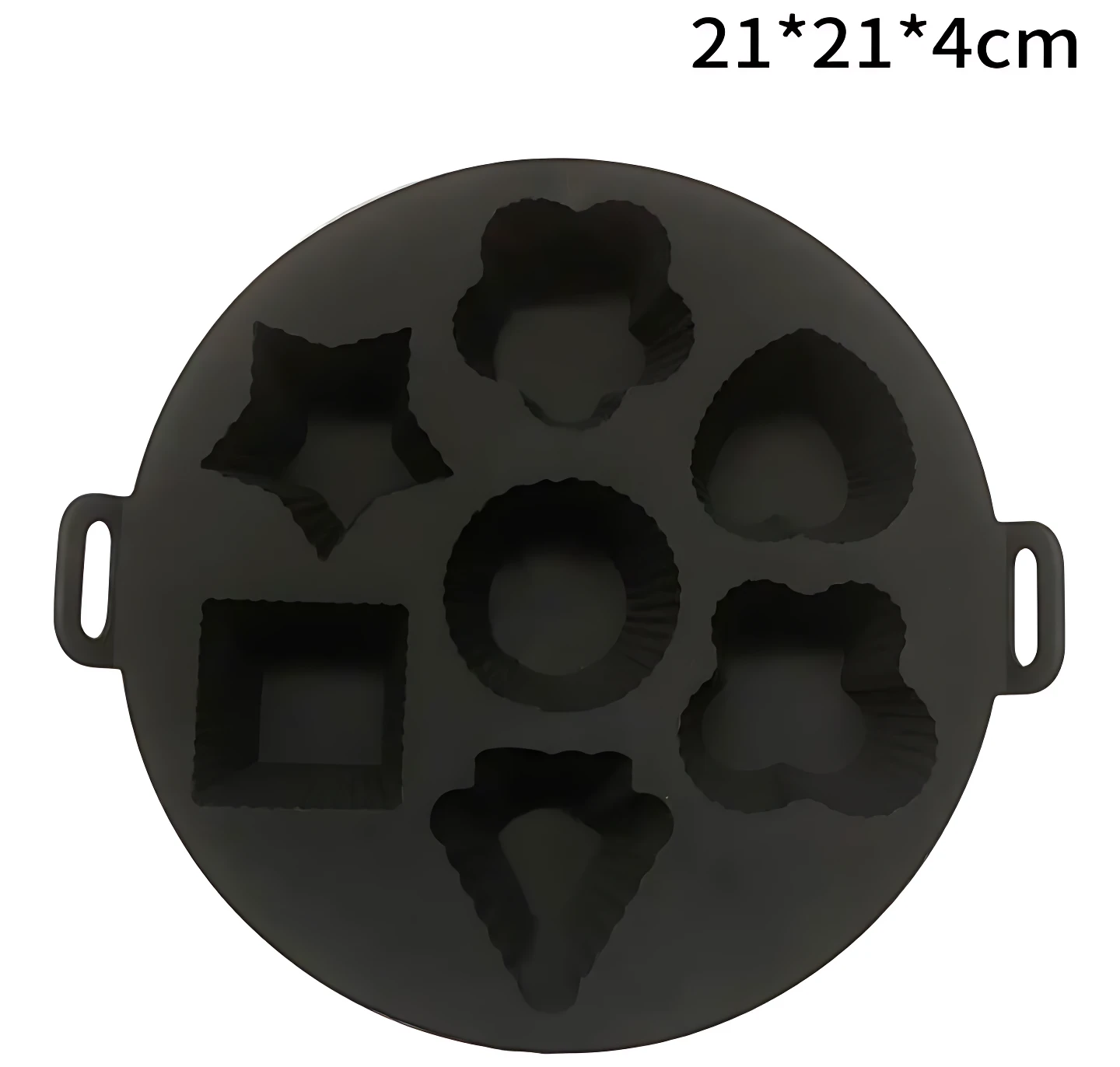 Molde de silicona negro circular con siete cavidades de formas variadas (estrella, cuadrado, corazón, flor, cono, círculo y nube), dimensiones 21x21x4 cm, con asas laterales para manejo seguro.
