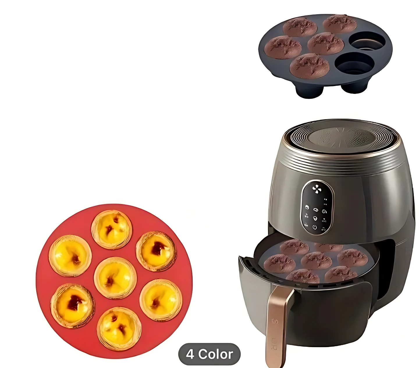 Set de cuatro moldes de silicona para air fryer, compatibles con postres individuales de 21 cm; incluye variantes en colores negro y rojo, mostrando masa cruda y repostería horneada.