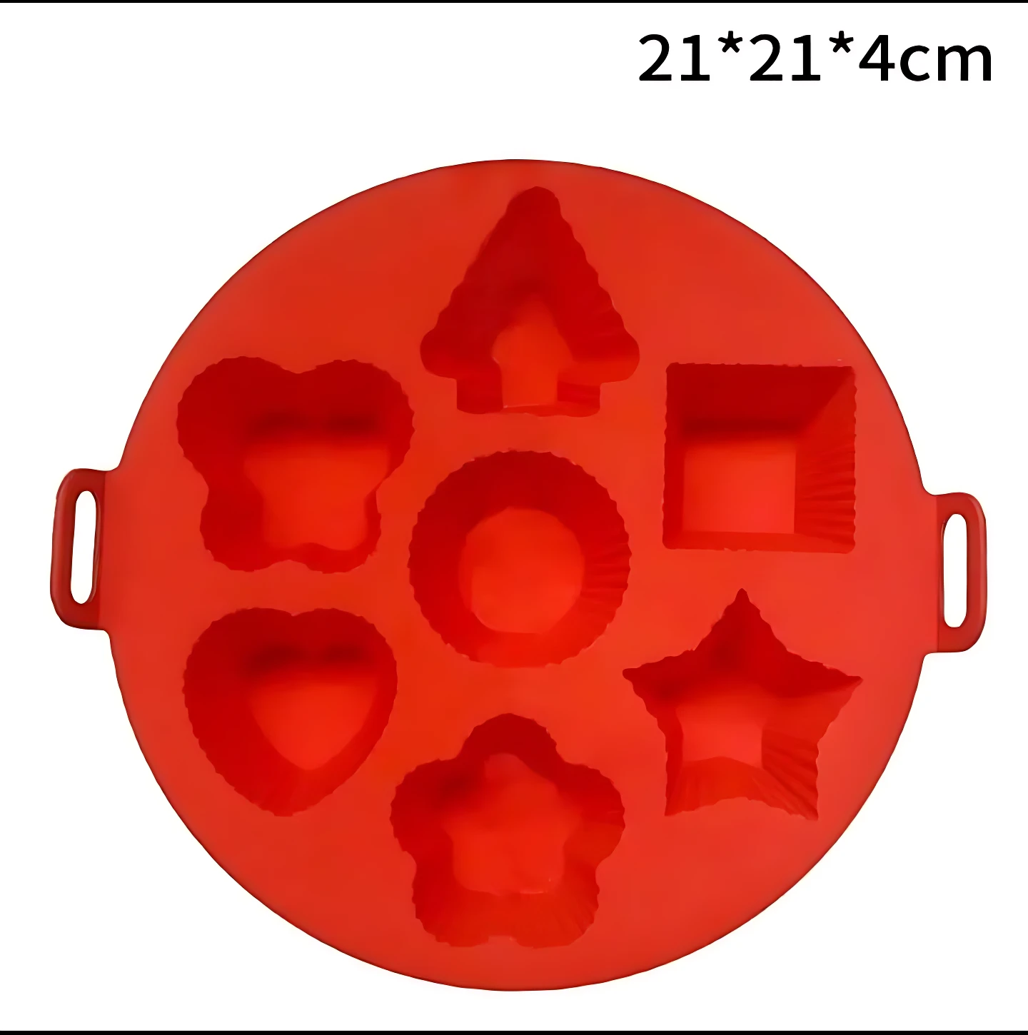 Molde de silicona rojo circular con siete cavidades de formas variadas (corazón, estrella, casa, flor, cuadrado, círculo y oso) y dos asas laterales; mide 21*21*4cm.