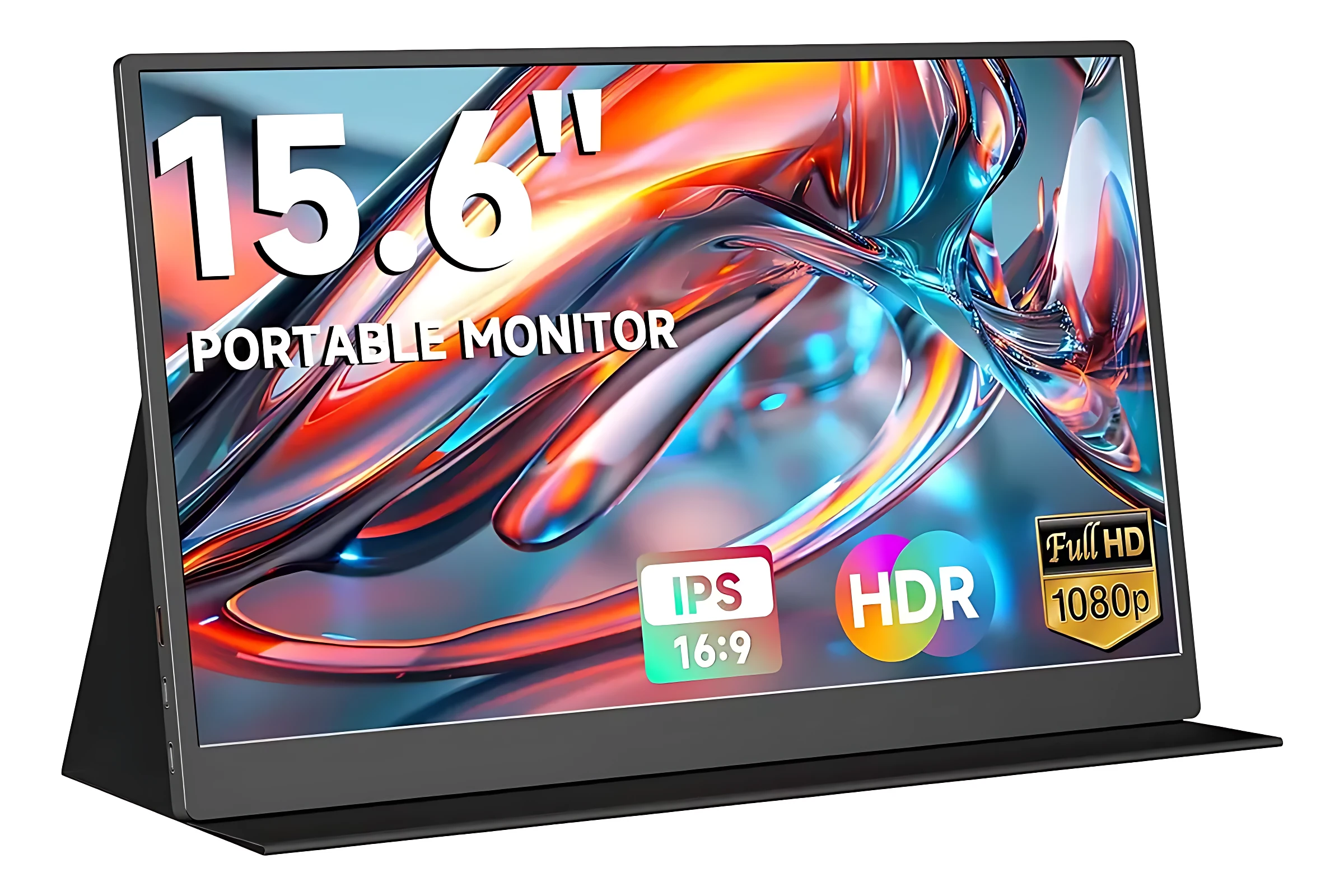 Monitor portátil de 15.6 pulgadas con pantalla IPS Full HD, soporte ajustable y diseño compacto en color negro.