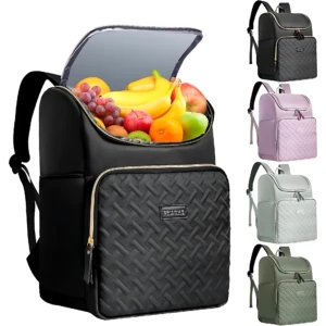 Mochila térmica negra con aislamiento PEVA, abierta mostrando frutas frescas; incluye cuatro variantes de color en panel lateral.