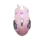 Mouse gaming rosa con luces RGB, sensor óptico y diseño ergonómico para uso en juegos competitivos.
