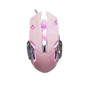 Mouse gaming rosa con luces RGB, sensor óptico y diseño ergonómico para uso en juegos competitivos.