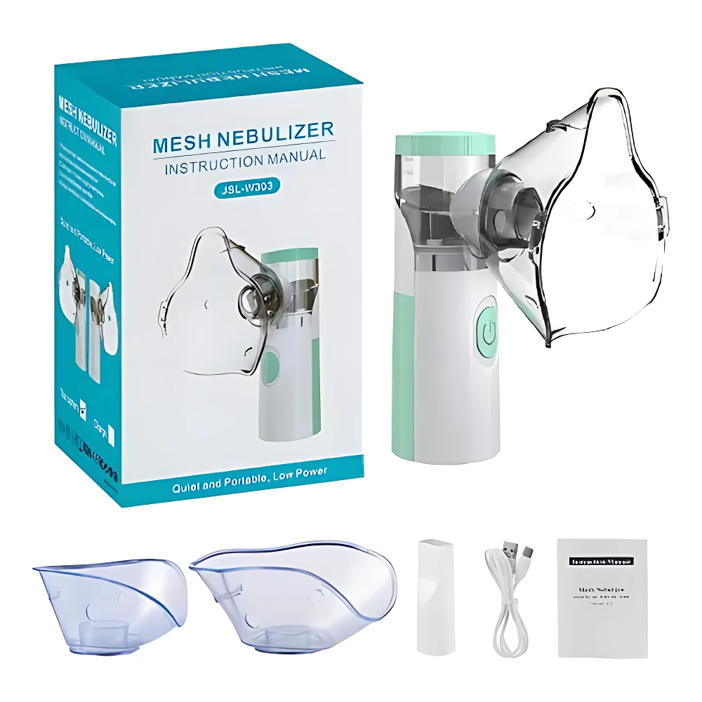 Nebulizador inalámbrico recargable con mascarilla facial y accesorios, caja azul claro con manual de instrucciones.