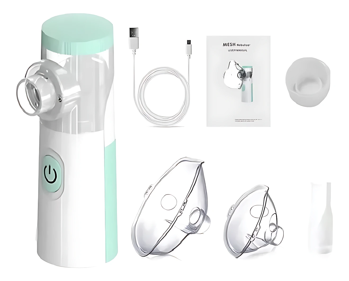 Nebulizador inalámbrico recargable en blanco y menta, con manguera, boquillas intercambiables, cable USB y manual.