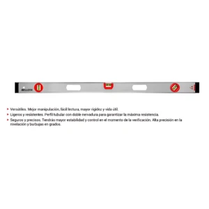 Nivel de aluminio Bellota con burbujas en grados, perfil tubular y doble nervadura para mayor resistencia y precisión en construcción.