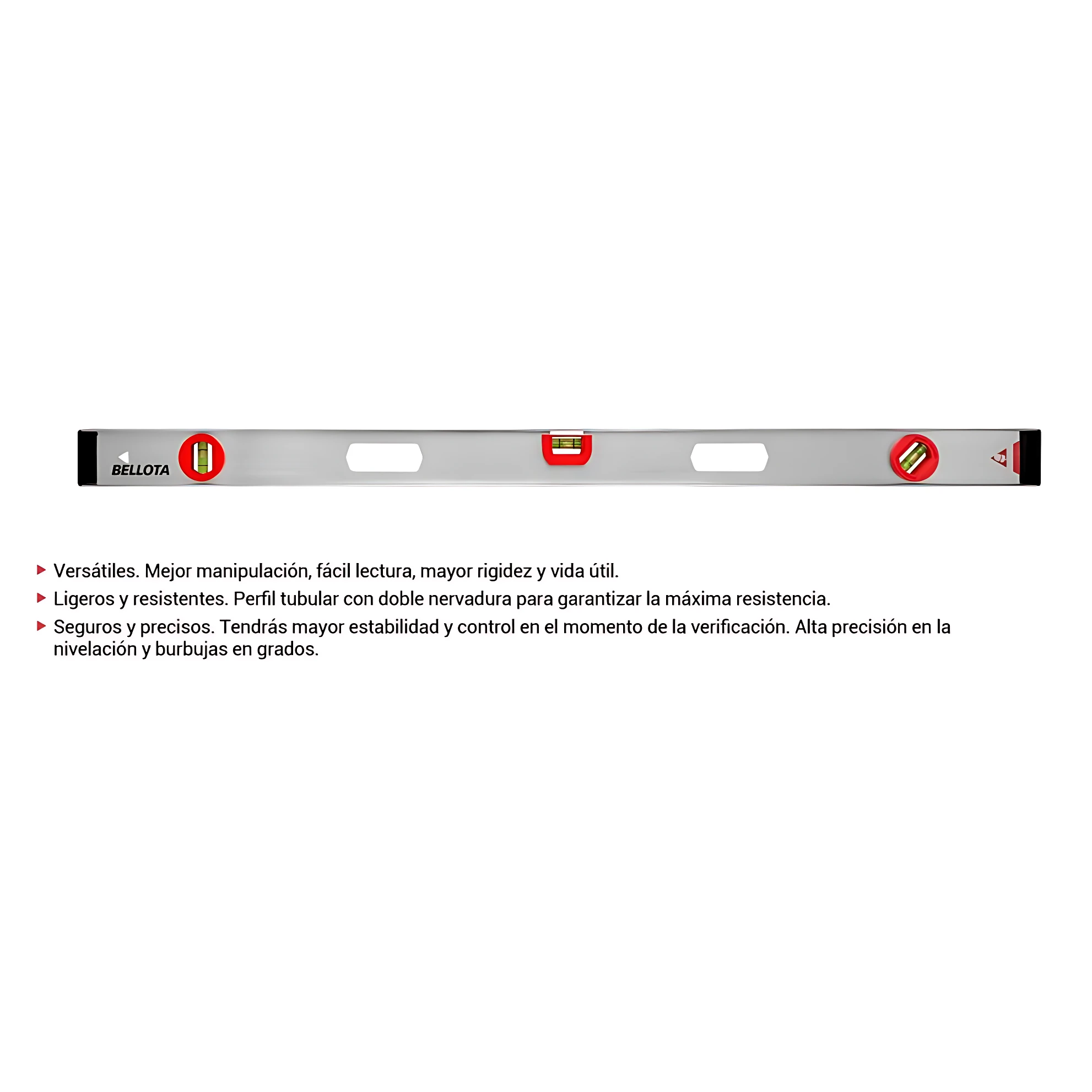 Nivel de aluminio Bellota con burbujas en grados, perfil tubular y doble nervadura para mayor resistencia y precisión en construcción.