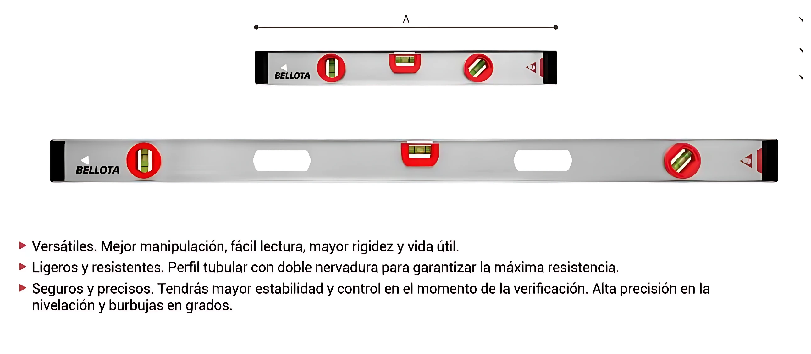 Nivel de aluminio Bellota con burbujas en grados, perfil tubular y doble nervadura para mayor resistencia y precisión en construcción.
