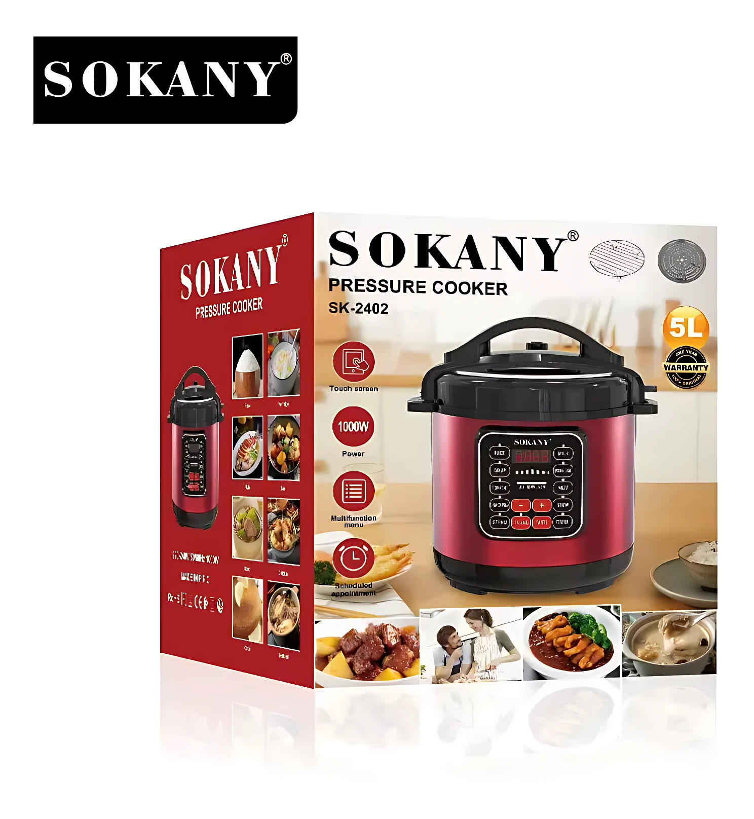 Olla de presión eléctrica Sokany SK-2402, color rojo metálico con panel digital negro, modelo 5L con 12 programas automáticos.