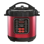 Olla presión eléctrica Sokany de 5 litros en color rojo metálico, con panel de control digital y 12 programas automáticos para menús completos.