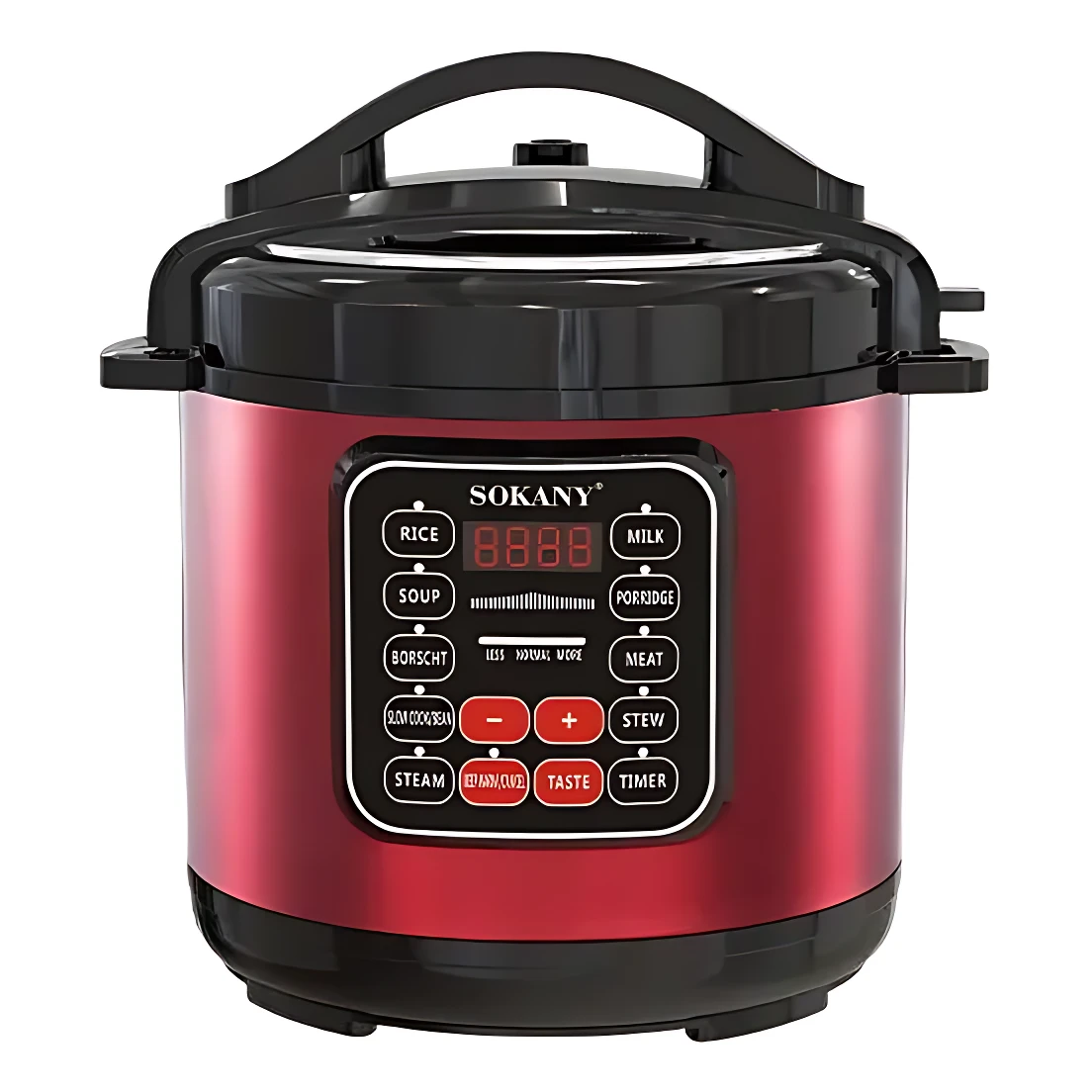 Olla presión eléctrica Sokany de 5 litros en color rojo metálico, con panel de control digital y 12 programas automáticos para menús completos.