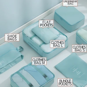 Set de siete bolsas organizadoras de viaje en color azul claro, incluyendo bolsas para ropa, zapatos, ropa interior y compartimentos planos, dispuestas sobre superficie blanca con etiquetas descriptivas.