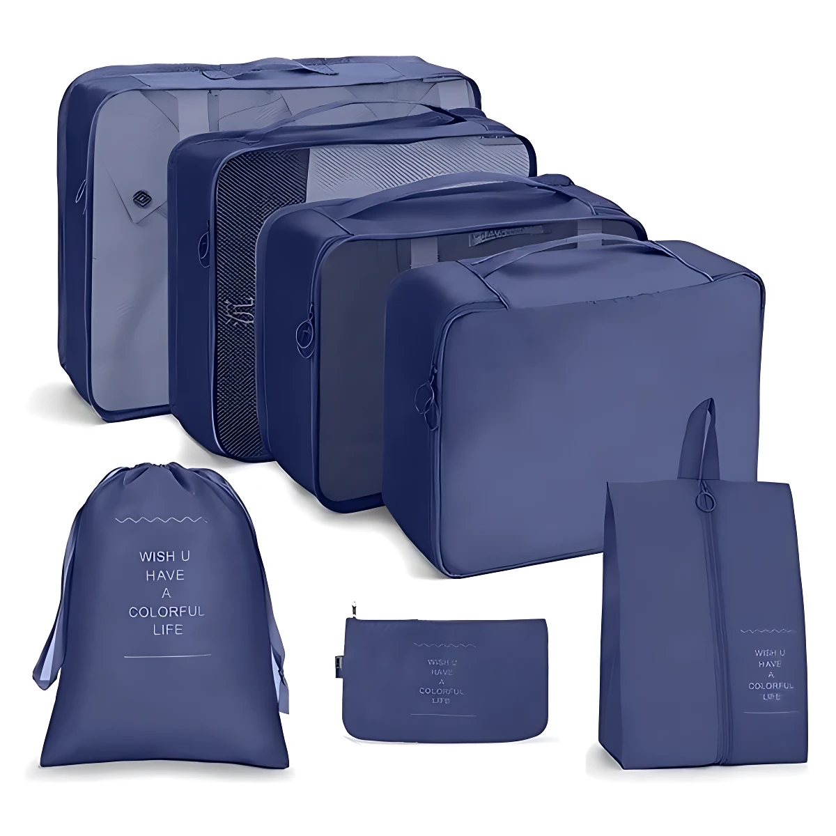 Set de siete organizadores de viaje en azul marino: cuatro bolsas con cremallera de distintos tamaños, una bolsa tipo saco con cordón, una bolsa vertical con asa y un estuche rectangular. Todos con estampado “WISH U HAVE A COLORFUL LIFE”.
